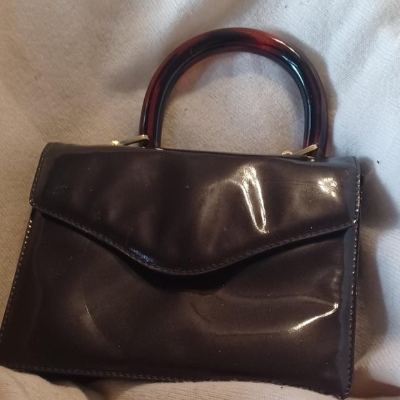 Vintage Bottega Veneta Brown Patent Leather Small Bag w/Lucite Top Handle